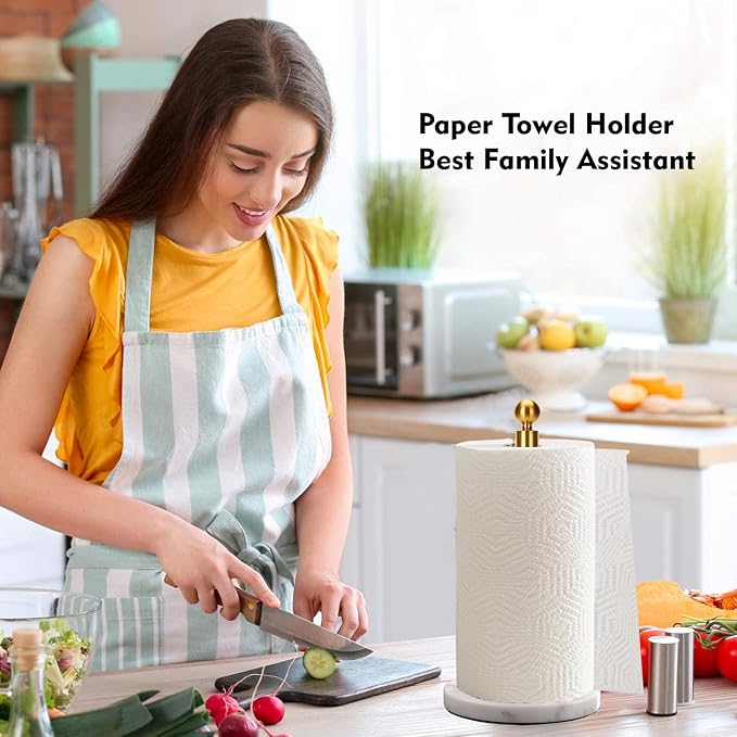 Gold Paper Towel Holder Countertop, with Weighted Marble Base for One-Handed Operation, No Wobbly (Marble Base, Gold)