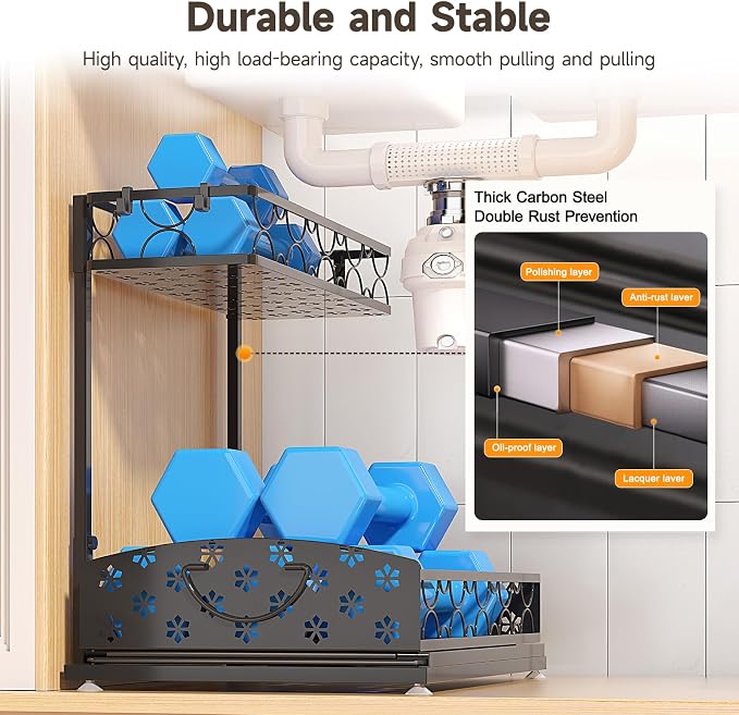 Sevenblue 2 Packs Under Sink Organizer, Height Adjustable 2 Tier Under Kitchen Sink Organizer, Multi-Purpose Storage Shelf for Kitchen Bathroom Cabinet (Metal, Extra Large)