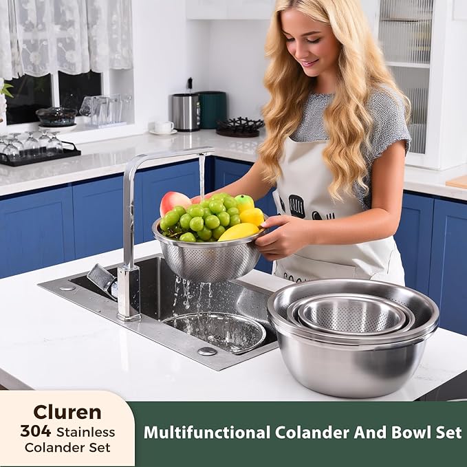 Colander and Bowl Set 5.0QT (2-in-1) - Thickened 304 Stainless Steel Kitchen Strainer Bowl for Fruit, Pasta, Vegetables, Rice - Heavy Duty, Induction Cooker & Dishwasher Safe