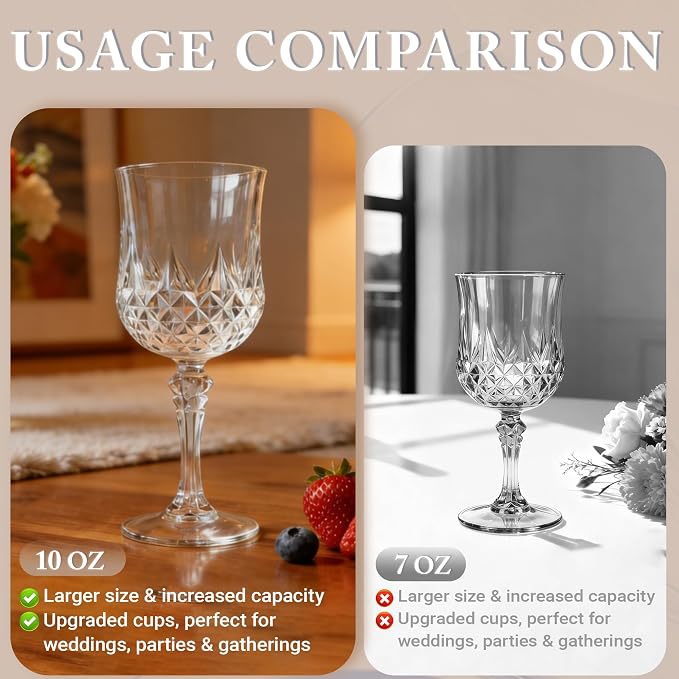 30 Pack Plastic Wine Glasses,10oz Unbreakable Vintage Style Goblets,Reusable Crystal Like Drinking Glass for Wedding Reception, Party Supplies (Clear)