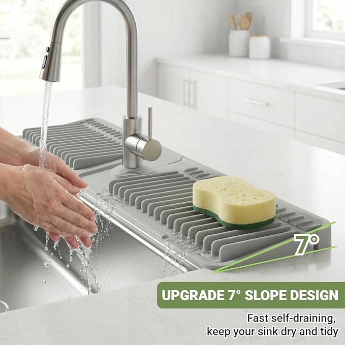Faucet Mat for Kitchen Sink, 24 Inch Longer Silicone Sink Faucet Mat Splash Guard, 7° Slope Fast Self-draining, Bathroom Countertop Protectors to Catch Spills, Foldable & Snap Lock Fit (Gray)