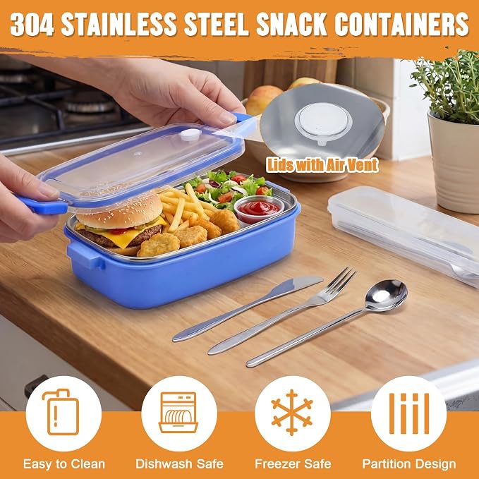8 Pack Stainless Steel Snack Containers, Leakproof 2-compartment Metal Bento Boxes with Utensils & Travel Cases, Portable Small Food Storage Containers for Office, Gym, Hiking, Camping