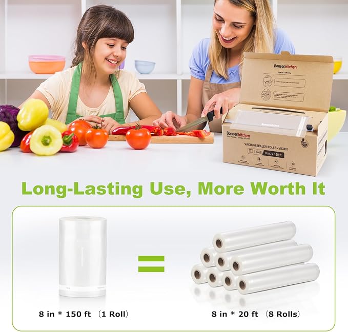 Bonsenkitchen 8” x 150’ Vacuum Sealer Bags Rolls with Cutter for Food Storage, Commercial Grade, BPA Free, Great for Meal Prep and Sous Vide Cooking