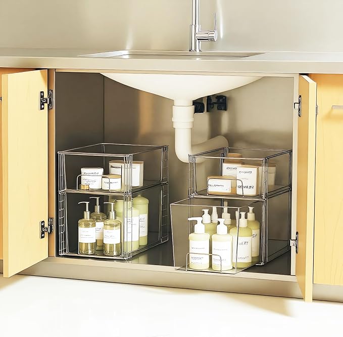 Clear Stackable Acrylic Storage Drawers(4 Pack), Plastic Organizer Bins with Handles, Easy Assembly for Bathroom Kitchen Pantry Cabinet Under Sink Snack Home Storage Solutions