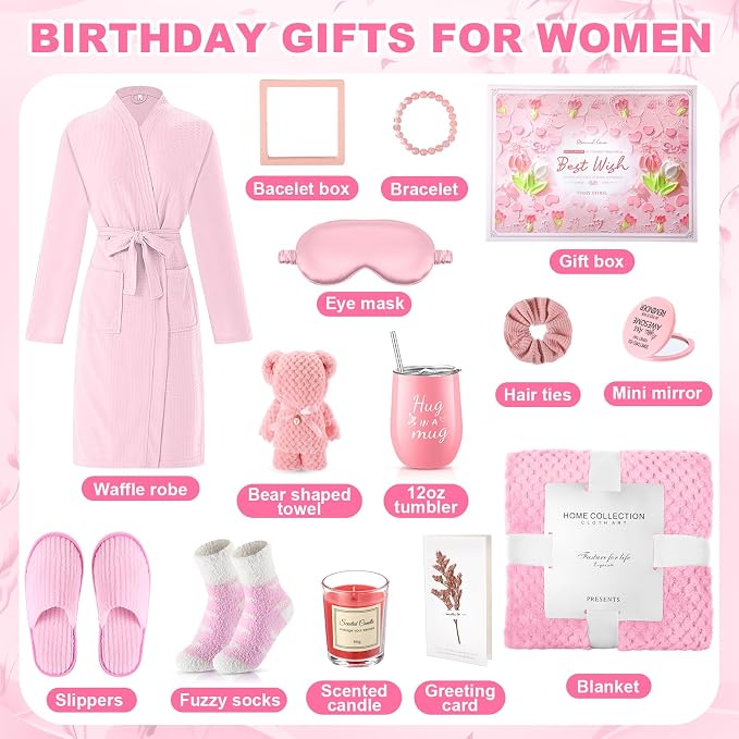 Sieral 14 Pcs Birthday Gifts for Women Care Blanket Gifts Set Spa Baskets Get Well Soon Gift Baskets Mother's Day Gift for Women Mom Her Girlfriend Sister Daughter Friend Wife Grandma(Plain,Pink)