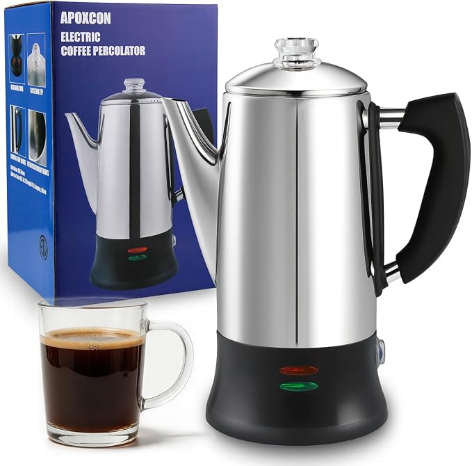 APOXCON Electric Coffee Percolator Stainless Steel Coffee Maker with Clear Brew Progress Tough Glass Knob, Keep Warm & Cordless Serve Classic Coffee Pot - No Aluminum No Plastic Contact (12 Cup)