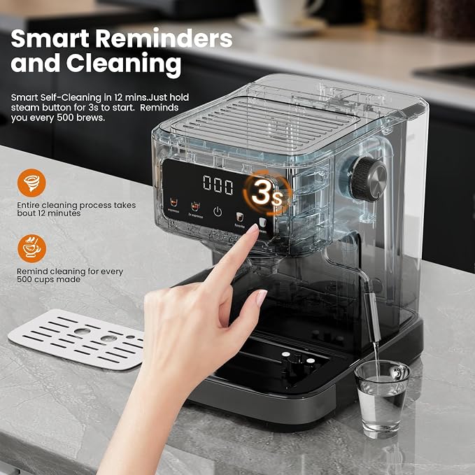 Kismile Espresso Machine with Milk Frother, 15 Bar Digital Espresso Maker for Latte & Cappuccino, LED Touch Screen, 1.5L Removable Water Tank, Compact Coffee Maker for Home/Office