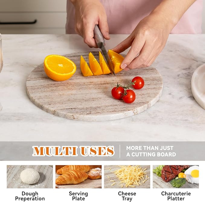 Koville Marble Cutting Board for Kitchen, 11"x11" Inches Small Stone Cutting Board, Round Marble Tray for Baking Charcuterie Pastry, Serving Tray for Countertop, Large Stone Slab
