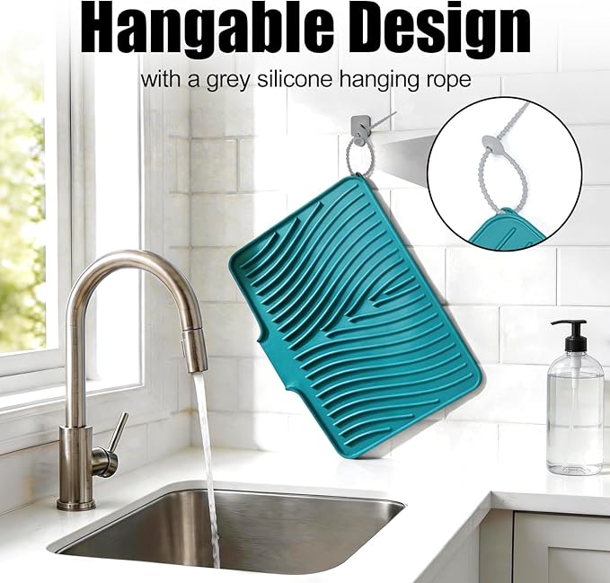 TIKNIK Silicone Dish Drying Mat, Stone Drying Mat for Kitchen Counter with Built-In Drain, Non-Slip Drain Pad with Built-in Drain, Heat Resistant Stone Drying Mat, 1Pcs 20" x 15", Green