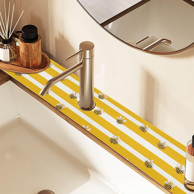 Kitchen Sink Splash Guard 1 PC 14.7 Inch Sink Faucet Mat Splash Guard for Bathroom Countertop Water Absorbent Foldable Cuttable Soft Washable Yellow and White Striped Bees01