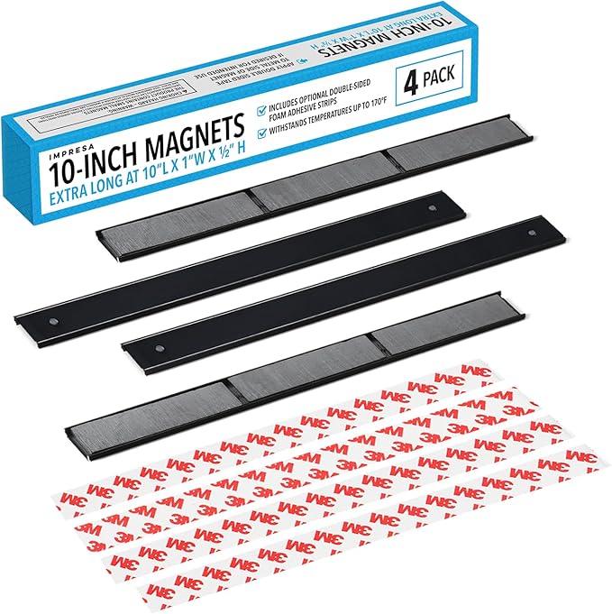 Impresa Extra-Long Adhesive Magnets for Kitchen Appliances - 10-Inch Magnetic Strips - Heat-Resistant Ferrite Magnets for Fireplace Draft Blockers, Brick Surfaces & Floating Spice Racks