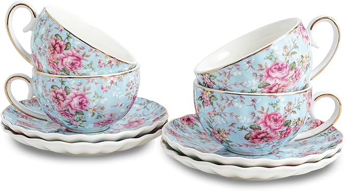 Agyiuns Tea Cup and Saucers, 6.4oz Floral Tea Cups with Gold Trim, Porcelain Teacup, Coffee Cappuccino Espresso Latte Mugs for Party Birthday,Party Cafe Home, Christmas Gift (Blue)