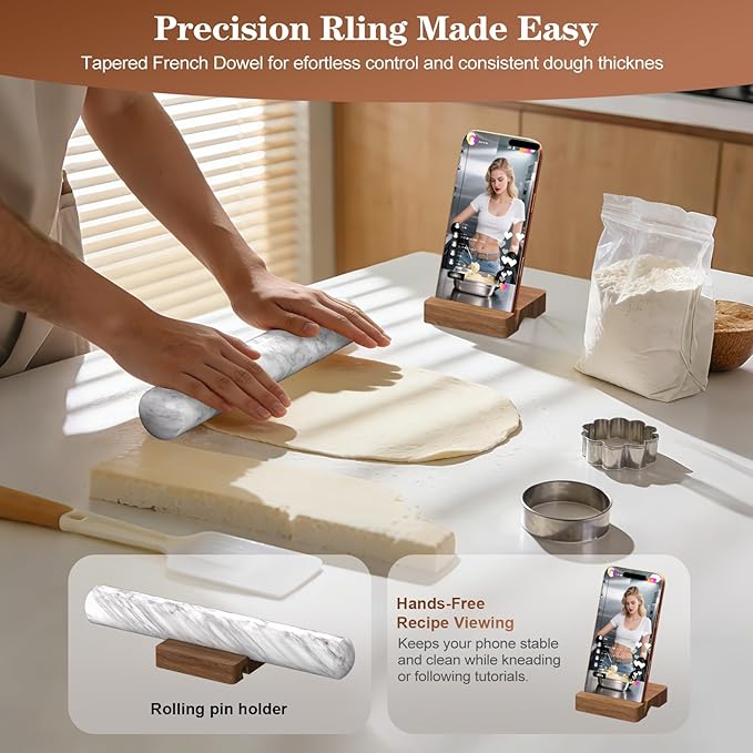 Marble Rolling Pin with Wooden Stand, FiiMan 12 Inch Heavy Rolling Pin for Dough, Stone French Polished Non-Stick Roller Pins For Baking Cookie Pizza Pastry (White)