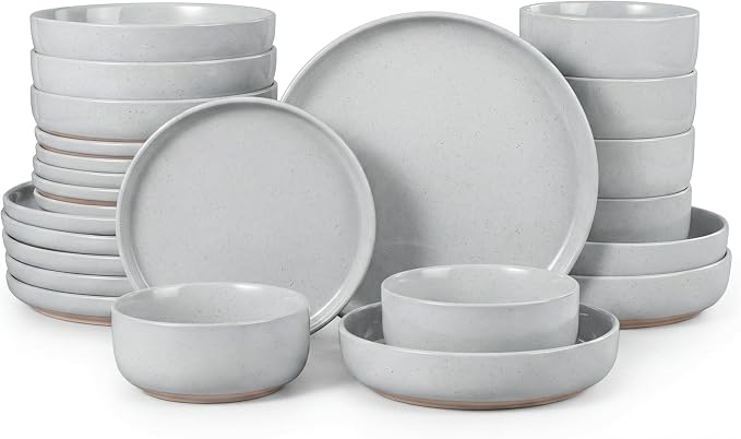HaWare 24-Piece Plates and Bowls Set for 6, Stoneware Dinnerware Sets with Pasta Bowl, Dishes Set for Home Restaurant, Speckled Misty Grey