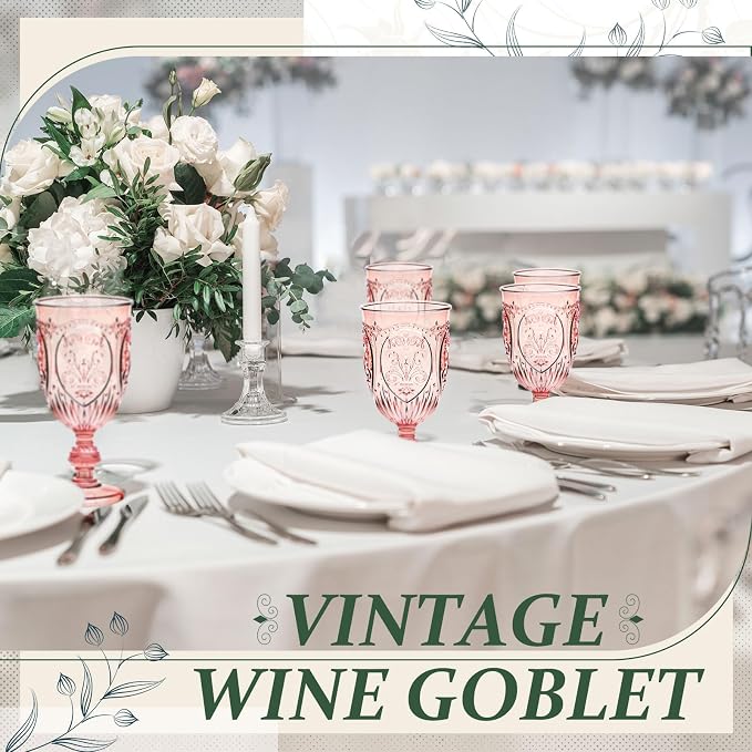 Wiwiqing 48 Pcs Plastic Goblets 7.5oz Vintage Goblet Plastic Wine Glasses Colored Retro Embossed Water Goblets for Wine Bar Juice Baby Shower Wedding Reception Grand Event Party (Pink)