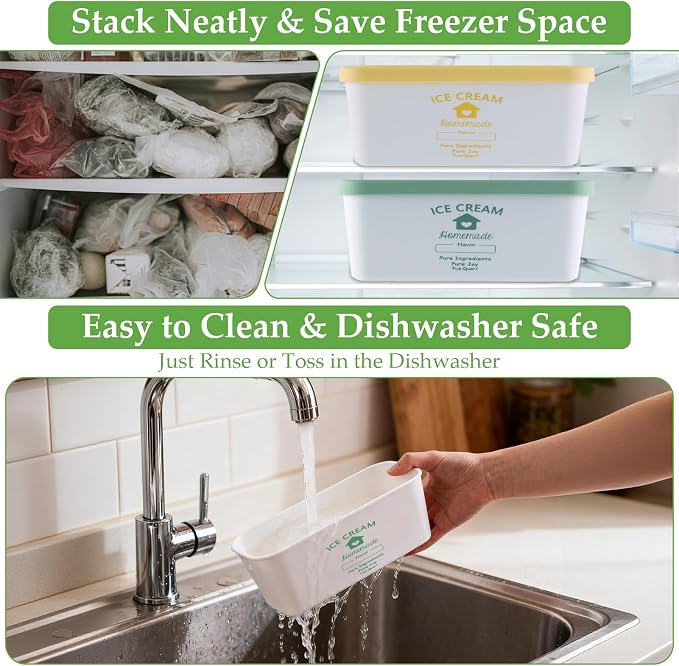 cyrico Ice Cream Containers for Homemade 2 Pack 2 Quart Each, Reusable Ice Cream Containers with Silicone Lids Sorbet Frozen Yogurt Storage Set BPA Free Stackable Leakproof Dishwasher Freezer Safe