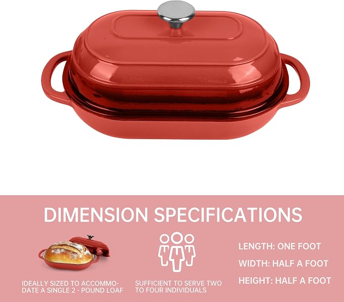 Premium Enameled Cast Iron Dutch Oven for Bread Baking | Non-Stick 5QT Oval Bread Oven with Lid | Perfect for Sourdough, Loaf, and Artisan Baking (Oval Red, 5 QT)
