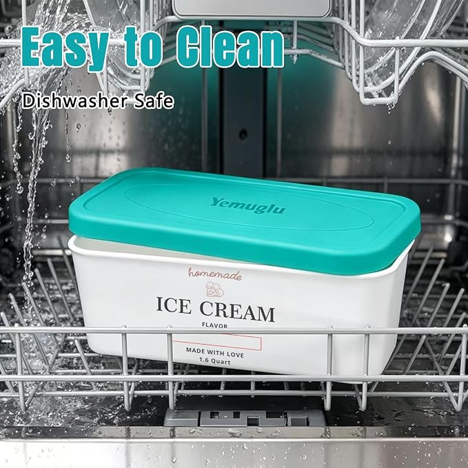 Ice Cream Containers - Silicone Reusable Freezer Storage for Homemade Ice Cream Tub for Sorbet, Frozen Yogurt - Flexible Silicone Lids, Long Scoop, Stackable,2 Pack 1.6 Quart Each