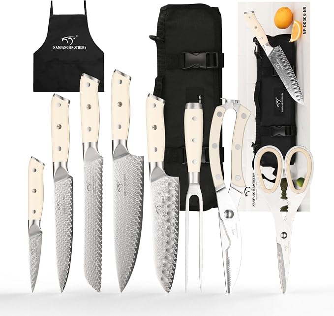 NANFANG BROTHERS 9-Piece Damascus Steel Chef Knife Set with Roll Bag VG10 Core Camping & Travel Kit, Blade Guards, Carving Fork & Apron Included (Portable for Outdoor/Home)