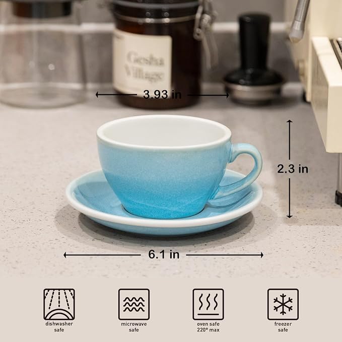 Loveramics Coffee Cup Ceramic, 8 oz Latte Art Cup with Saucer for Cappuccino, Tea, Espresso, Thick - walled stoneware Cappuccino mug Set for Cafe and Barista - Potters Colours (Ice Blue, 8OZ)
