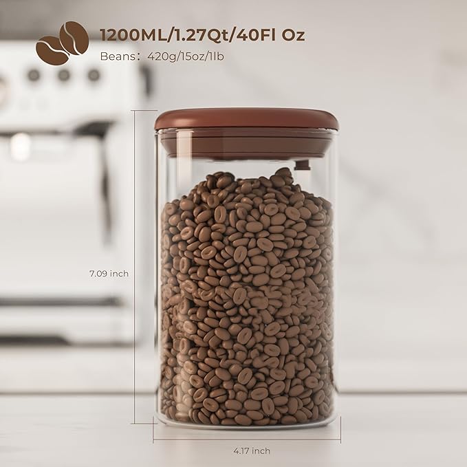 15OZ Clear Glass Coffee Canister with CO₂ Valve, Airtight Storage Container for Coffee Beans, Grounds, Tea & Dry Food, Kitchen Countertop Jar to Keep Fresh