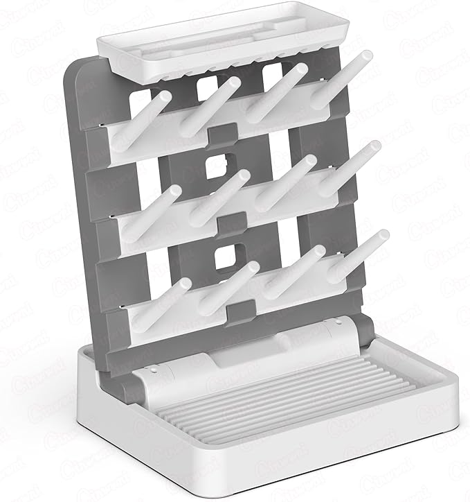 Baby Bottle Drying Rack, Vertical Standing Bottle Drying Rack Holder-Space Saving Baby Bottle Organizer for Countertop-Holds Up to 12 Baby Bottles & Pump Parts (White & Dark Gray)
