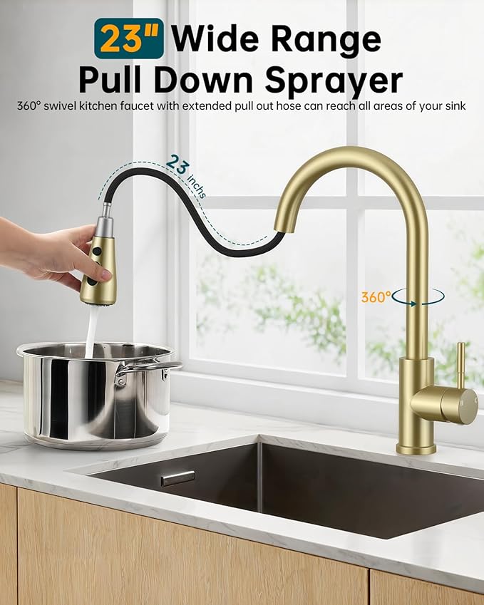 Hiqufet Brushed Gold Kitchen Faucet with Pull Down Sprayer, High Arc Faucet, Stainless Steel Modern RV Bar Sink Faucets for Pot Filler, Farmhouse Camper Bar Laundry, RV Bathroom
