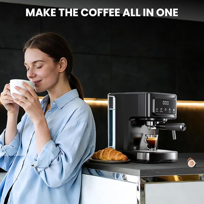 Kismile Espresso Machine with Milk Frother, 15 Bar Digital Espresso Maker for Latte & Cappuccino, LED Touch Screen, 1.5L Removable Water Tank, Compact Coffee Maker for Home/Office
