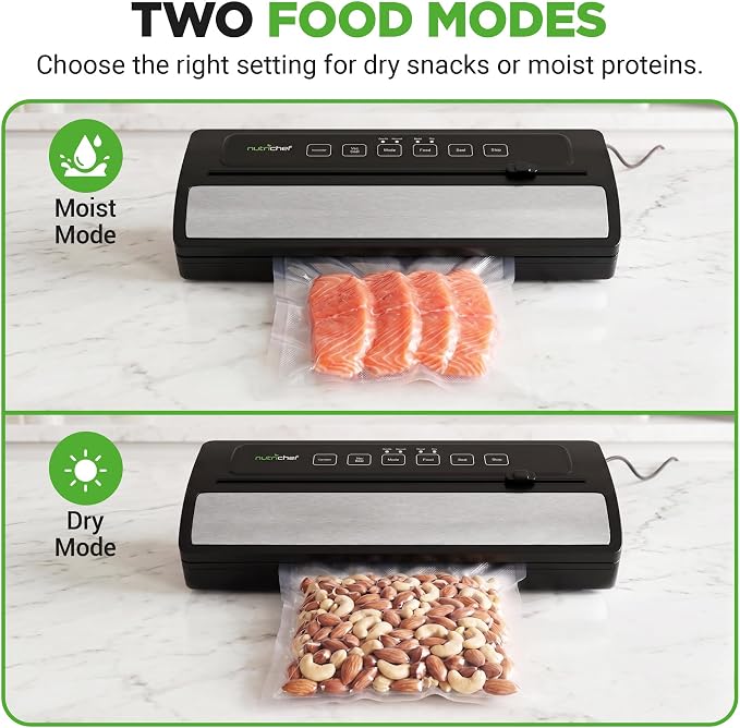 NutriChef Vacuum Sealer for Food - Automatic Electric Air Sealing Preserver System with Gentle and Normal Modes, Roll Cutter, Reusable Bags, Meal Prep Storage, Suitable for Dry/Moist Foods