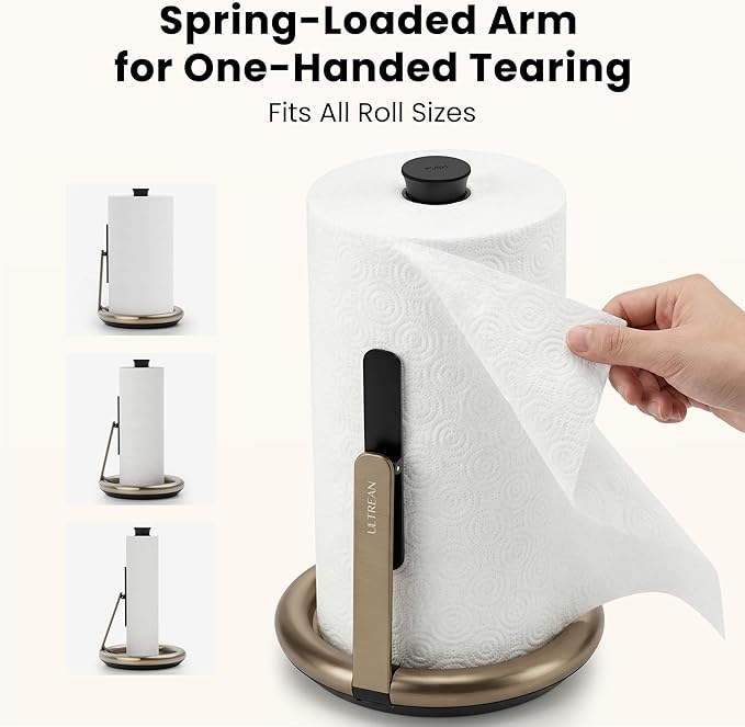 Ultrean Paper Towel Holder with Spray Bottle, Countertop Freestanding Paper Towel Dispenser with Spring-Loaded Tension Arm for One-Handed Tear, Weighted Non-Slip Base, Stainless Steel for Kitchen,Gold