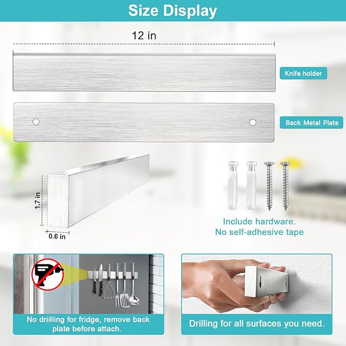 Knife Magnetic Strip, Magnetic Knife Holder for Wall Mount Fridge Refrigerator Knives Magnet Bar Tool Rack RV Kitchen Utensil Holder Metal Kitchen Tool Holder Knives Block RV Accessories 12 Inch