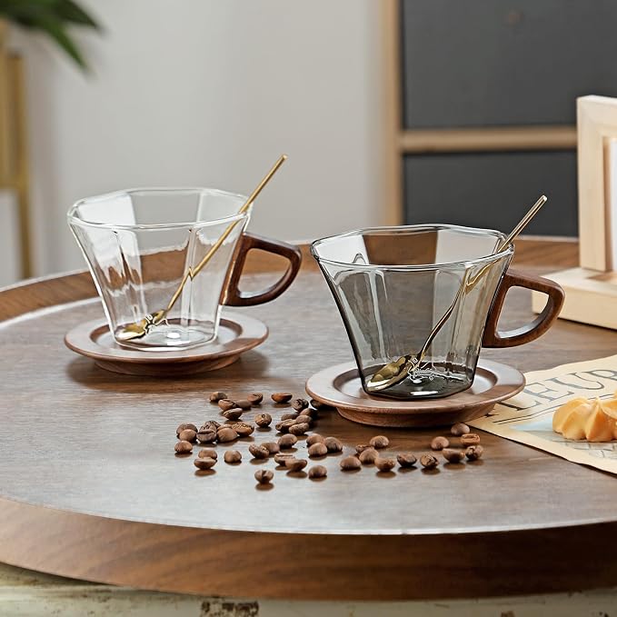 Bincoo Glass Mug with Wooden Handle and and Saucer Set-280ML Glass Coffee Cup Heat Resistant Lightweight Tea Mugs Ideal for Home, Cafe, Coffee Bar(Grey)