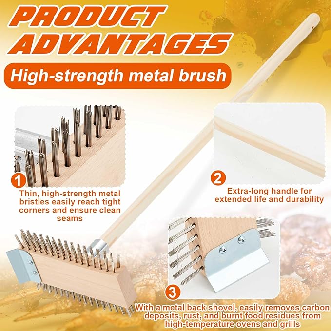 2 Pcs Stainless Steel Grill Brushes, Grill Scraper with 30'' Long Wooden Handle Commercial Oven Charbroiler Cleaning Brush for Outdoor Kitchens BBQ Restaurants