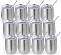 Volhoply 12oz Stainless Steel Wine Tumbler with Lid Bulk 12 Pack,Double Wall Vacuum Stemless Wine Glasses,Reusable Metal Travel Coffe Mug with Straw,Insulated Cups Gifts for Christmas（Silver,12 Set）