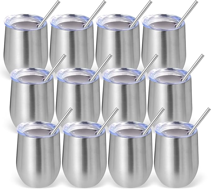 Volhoply 12oz Stainless Steel Wine Tumbler with Lid Bulk 12 Pack,Double Wall Vacuum Stemless Wine Glasses,Reusable Metal Travel Coffe Mug with Straw,Insulated Cups Gifts for Christmas（Silver,12 Set）