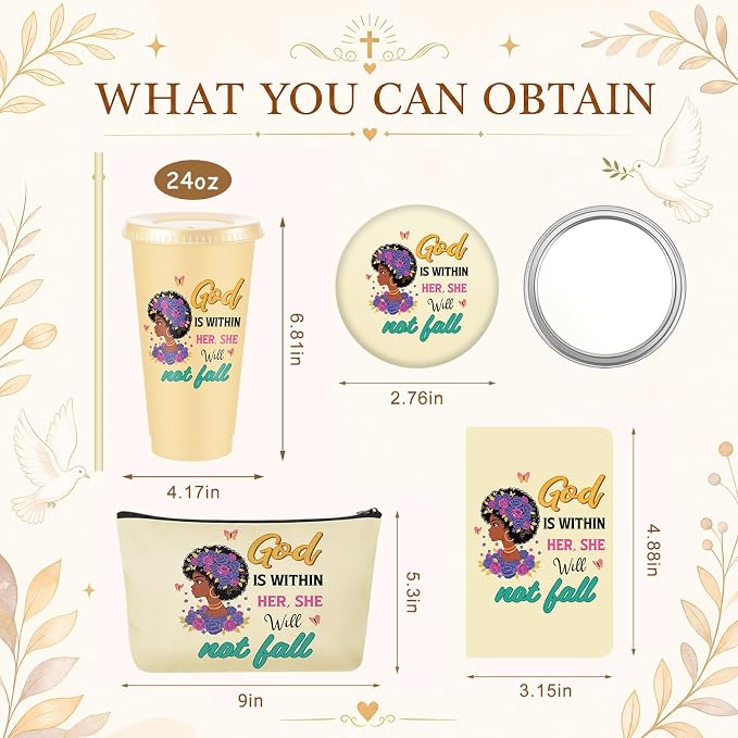Hollowfly 12Set/48Pcs African Americans Black Women Christian Gifts Set Include 24oz Coffee Cup with Lid and Straw, Makeup Bags, Mirrors, Notepad, Black Owned Inspirational Gift for Women(Morandi)