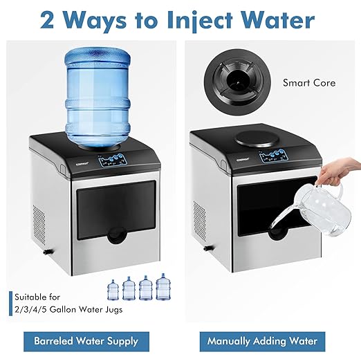 COSTWAY 2 in 1 Countertop Ice Maker Built-in Water Dispenser, 48LBS per Day, S/M/L Size Ice Cube, 5LBS Ice Storage Basket, Fast 6 Mins, Stainless Steel Ice Machine with Extendable Chilled Water Spout
