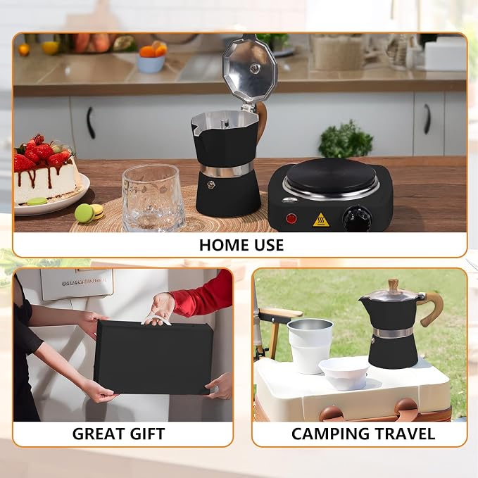 2-in-1 Aluminum Moka Pot Set with Electric Stove Classic Stovetop Espresso Coffee Maker 150ml 5oz Mocha Express Portable Gift Camping Travel Preferred Cafe Italian Cuban Café Brewing 3 Cup