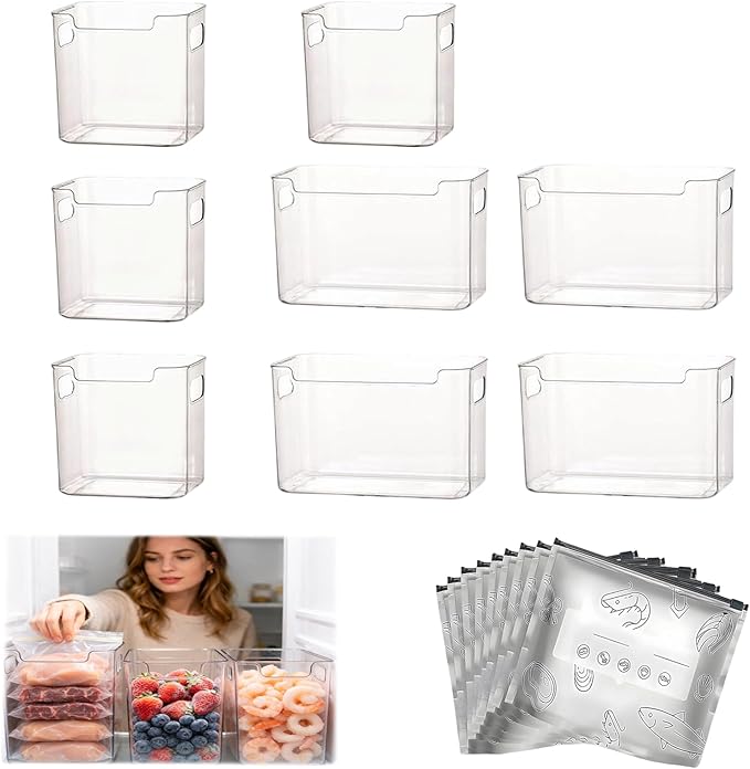 Crystal Clear Freezer Storage Bins, 4 Pack Clear Plastic Bins for Refrigerator and Pantry, Stackable Kitchen Cabinet Organizer with Handles for Frozen Food, Meat & Veggies (4L+4S)