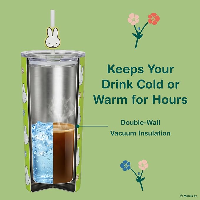 Dragon Glassware | Miffy Stainless Steel Tumbler with Straw, 24 oz - Green | Vacuum Insulated Stainless Steel Tumbler with Straw & Lid; Double Walled Tumbler with Straw Charm; Miffy Cup with Lid