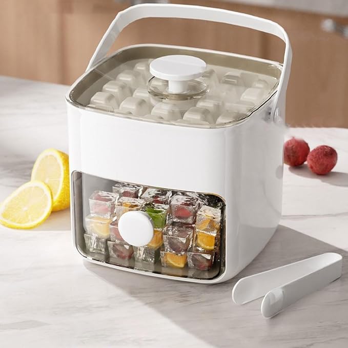 MAVIS LAVEN Ice Cube Maker Ice Tray Set with 2 Trays and Storage Bin for 120 Cubes Easy Release Button Design Food Grade PP Material Silicone Handles Dust Proof Lid (Milk White)