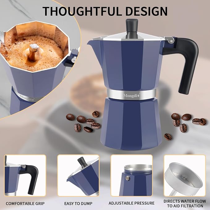 Mongdio Stovetop Espresso Maker Moka Pot, Stove Top Cuban Coffee Maker, Italian Greca Mocha Pot, 6 Espresso Cups, 10 oz - Blue