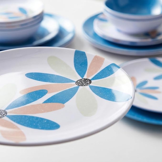 Melamine Dinnerware Set 12 Pieces Outdoor, Spring Party Blue | Flowers Pattern, Unbreakable Plates & Bowls, Dishwasher Safe, Lightweight, For Picnic Pool Party Camping