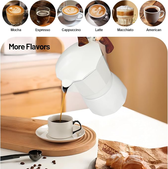 3 Cup Aluminum Moka Pot Classic Stovetop Espresso Coffee Maker 150ml 5oz Coffeemaker Percolator Mocha Pot Greca Coffee Maker Cafe Makers for Italian and Cuban Café Brewing White