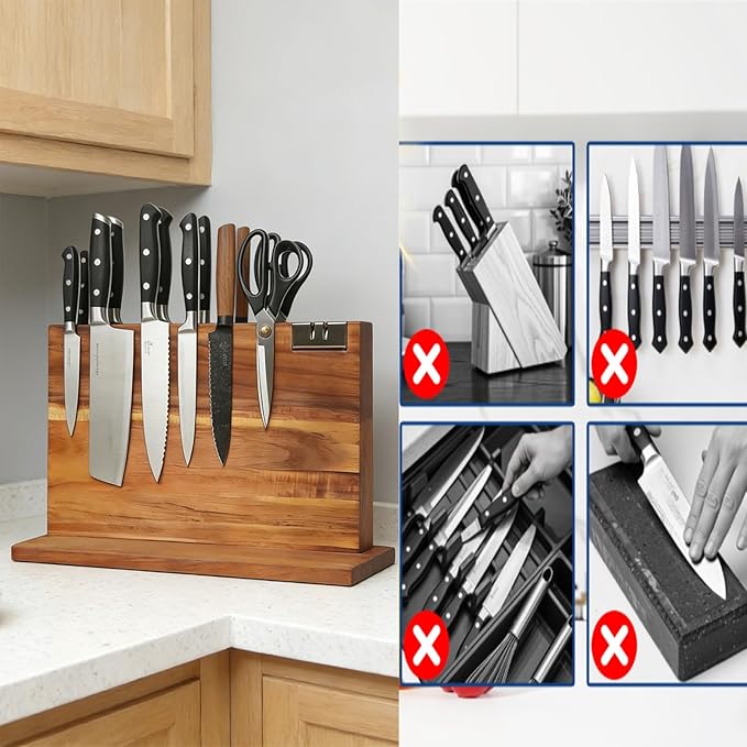 kitchen knife magnetic holder, Double Sided Universal magnetic knife block Rack for Kitchen Counter, Acacia Wood Magnetic Knife Storage Stand with Knife Sharpener,14.5 x 10.8Inches