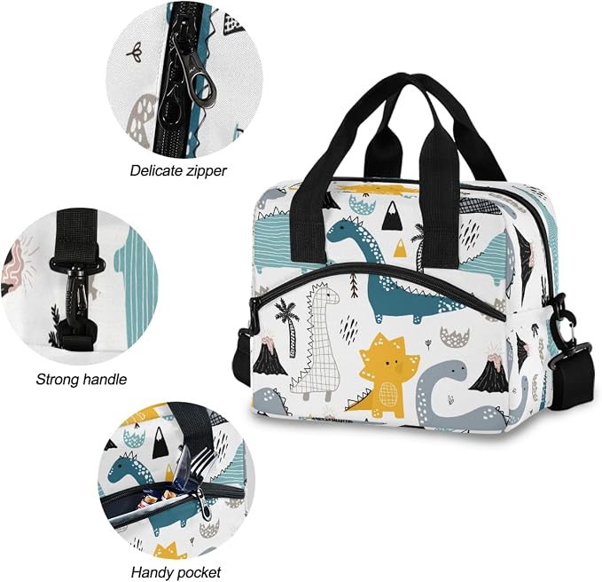 OREZI Dino Scandinavian Style Lunch Bag for Boys Girls,Dinosaur Children Reusable Lunch Bags Lunch Box Container with Detachable Shoulder Strap,Insulated Lunch Coolers for School Work