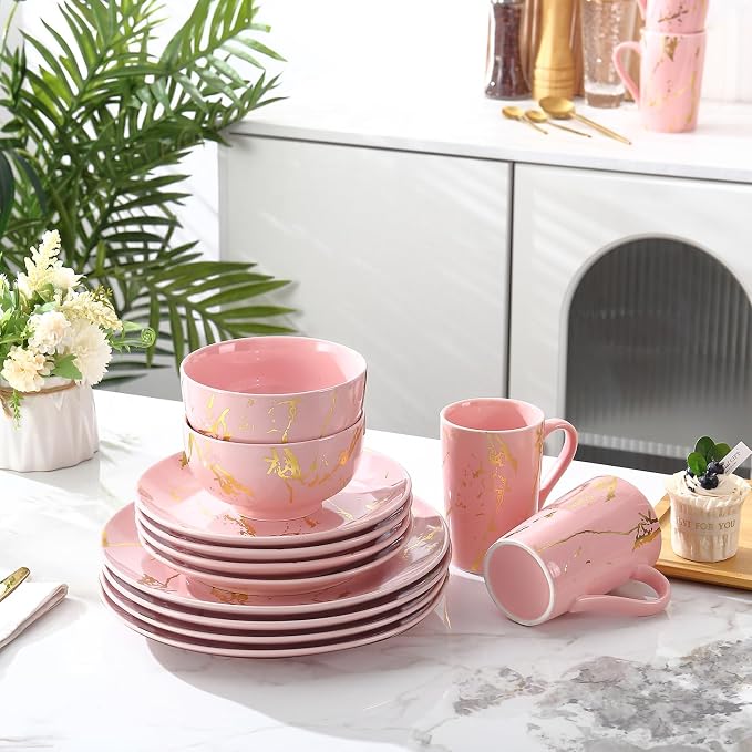 Pink Marble Dinnerware Set for 4, 16-Piece Porcelain Plates and Bowls Set with Gold Trim, Modern Ceramic Dish Set for Home Dining and Gifts