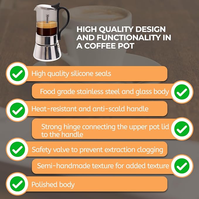 Clear Glass Moka Pot 4 Cup 220ml Stainless Steel Coffee Maker Uncoated Stovetop Espresso Coffeemaker Italian Classic Style Brewing Greca Cafe Mocha Machine for Cafeteras Camping Travel Home