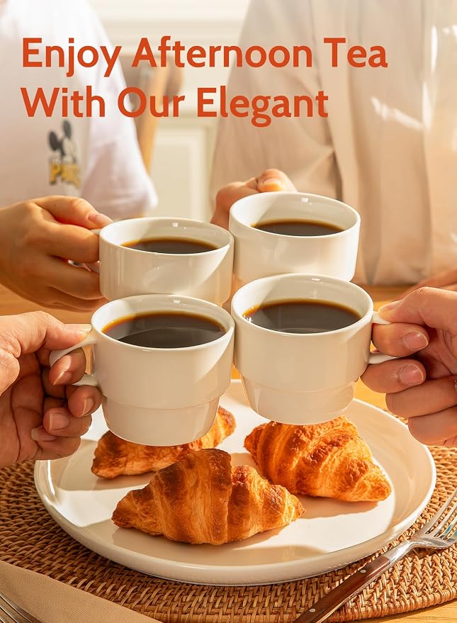 Sweese Porcelain Espresso Cups Set of 6, White Ceramic Espresso Coffee Cups with Handle, 6oz Durable Espresso Coffee Mugs for Home & Cafe