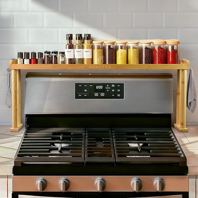MAVOTER Over The Stove Top Shelf for Kitchen Bamboo Spice Rack Organizer for Back of Stove with Protective Lips & 6 Hooks,Easy Installation 33.5 * 4.5 * 13.4”